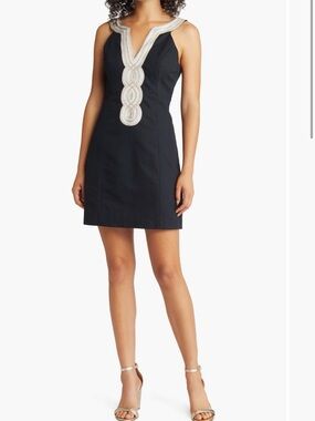 Lilly Pulitzer Navy Mini Dress with silver and Gold Beaded V-Neck